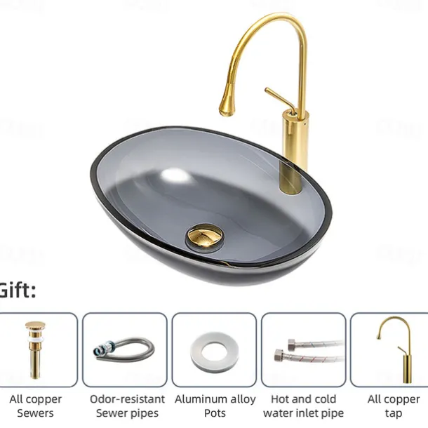 Bathroom Vessel Sink Tempered Glass Wash Basin Bowl Above Counter Art Vessel Sink with Water Drop Faucets and Pop-Up Drain