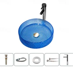 Bathroom Vessel Sink with Chrome Faucet,Wash Basin Glass Countertop Cylinder Wash Basin Hand Washbasin Worktop Installation Glass Basin Set with Chrome Brass Tap