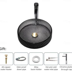 Bathroom Vessel Sink with Chrome Faucet,Wash Basin Glass Countertop Cylinder Wash Basin Hand Washbasin Worktop Installation Glass Basin Set with Chrome Brass Tap