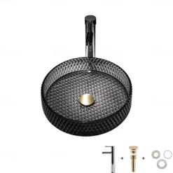 Bathroom Vessel Sink with Chrome Faucet,Wash Basin Glass Countertop Cylinder Wash Basin Hand Washbasin Worktop Installation Glass Basin Set with Chrome Brass Tap