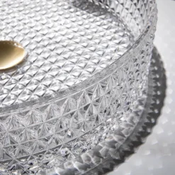 Bathroom Vessel Sink with Black Faucet, Modern Clear Tempered Glass Basin with Pop-Up Drain, Artistic Round Basin Bowl Set, Above Counter Vanity Sink