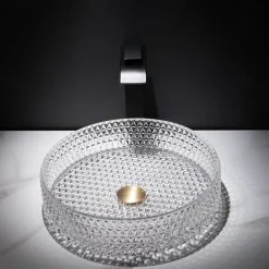 Bathroom Vessel Sink with Black Faucet, Modern Clear Tempered Glass Basin with Pop-Up Drain, Artistic Round Basin Bowl Set, Above Counter Vanity Sink