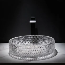 Bathroom Vessel Sink with Black Faucet, Modern Clear Tempered Glass Basin with Pop-Up Drain, Artistic Round Basin Bowl Set, Above Counter Vanity Sink