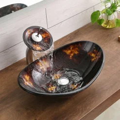 Bathroom Vessel Sink with Faucet Mounting Ring and Pop Up Drain Round Bowl BasinBrown