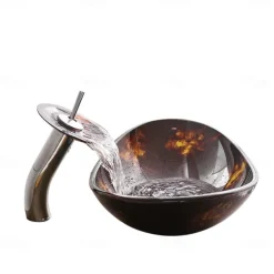 Bathroom Vessel Sink with Faucet Mounting Ring and Pop Up Drain Round Bowl BasinBrown