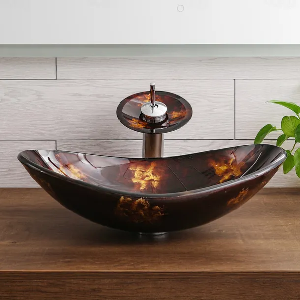 Bathroom Vessel Sink with Faucet Mounting Ring and Pop Up Drain Round Bowl BasinBrown