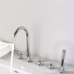 Bathtub Faucet 5 Hole Bathroom Tub Taps Deck Mounted, 3 Handle Sink Mixer Hot and Cold Bathroom Shower Faucets with Handshower Handheld Tap
