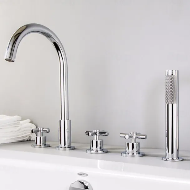 Bathtub Faucet 5 Hole Bathroom Tub Taps Deck Mounted, 3 Handle Sink Mixer Hot and Cold Bathroom Shower Faucets with Handshower Handheld Tap