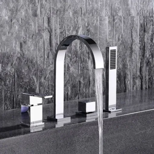 Bathtub Faucet Deck Mounted, Widespread Bathroom Faucet Bath Roman Tub Filler Mixer Tap Brass, 4 Hole 2 Handle Shower Sprayer with Cold Hot Water Hose