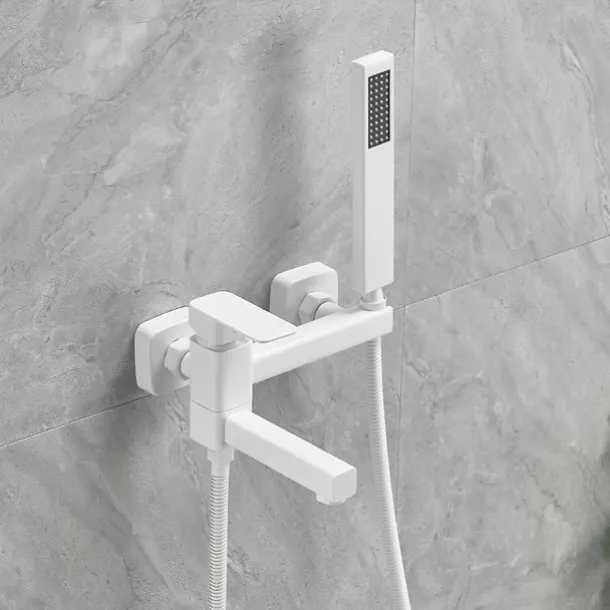 Bathtub Faucet Dual Spout Wall Mounted White, Bath Tub Filler Mixer Brass Tap with Heldhand Showerhand, Ceramic Valve Single Handle Control