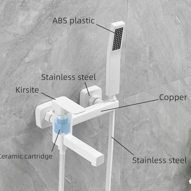 Bathtub Faucet Dual Spout Wall Mounted White, Bath Tub Filler Mixer Brass Tap with Heldhand Showerhand, Ceramic Valve Single Handle Control