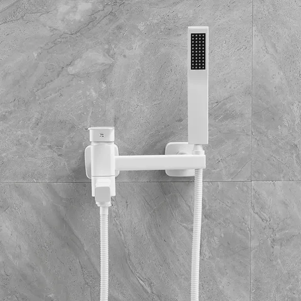 Bathtub Faucet Dual Spout Wall Mounted White, Bath Tub Filler Mixer Brass Tap with Heldhand Showerhand, Ceramic Valve Single Handle Control