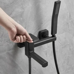 Bathtub Faucet Dual Spout Wall Mounted, Bath Tub Filler Mixer Brass Tap with Heldhand Showerhand, Ceramic Valve Single Handle Control