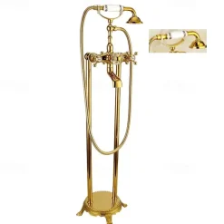 Bathtub Faucet Floor Mounted, Brass Retro Style Telephone Shape Brass Electroplated Finish Two Handles Two Holes Shower Faucet with Handshower and Drain