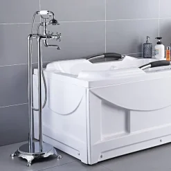 Bathtub Faucet Floor Mounted, Brass Retro Style Telephone Shape Brass Electroplated Finish Two Handles Two Holes Shower Faucet with Handshower and Drain