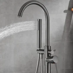 Bathtub Faucet Floor Mount Freestanding Tub Filler Brass High Flow Shower Faucets with Handheld Shower Mixer Taps Swivel Spout(Gun Grey)