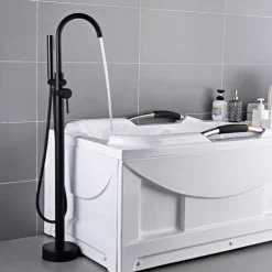 Bathtub Faucet Floor Mount Freestanding Bath Tub Filler Mixer Taps Brass, 360 Swivel High Arc Spout Standing Shower Clawfoot Tub with Handheld Shower Mixer Taps