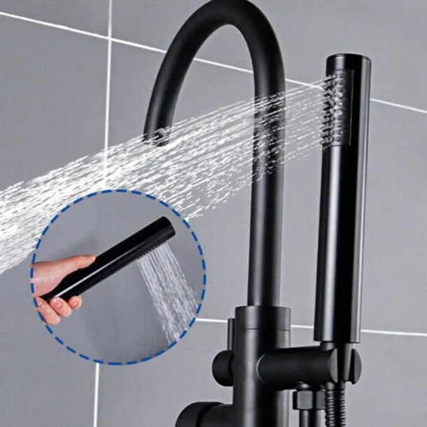 Bathtub Faucet Floor Mount Freestanding Bath Tub Filler Mixer Taps Brass, 360 Swivel High Arc Spout Standing Shower Clawfoot Tub with Handheld Shower Mixer Taps