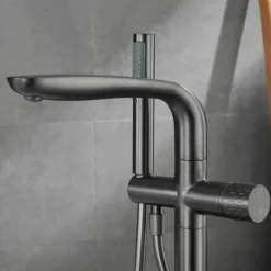Bathtub Faucet Floor Mount Freestanding Tub Filler Brass High Flow Shower Faucets with Handheld Shower Mixer Taps Swivel Spout(Gun Grey/Brushed Golden)