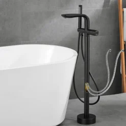 Bathtub Faucet Floor Mount Freestanding Tub Filler Brass High Flow Shower Faucets with Handheld Shower Mixer Taps Swivel Spout(Gun Grey/Brushed Golden)