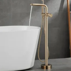 Bathtub Faucet Floor Mount Freestanding Tub Filler Brass High Flow Shower Faucets with Handheld Shower Mixer Taps Swivel Spout(Gun Grey/Brushed Golden)
