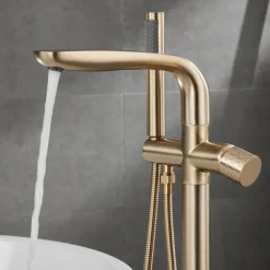 Bathtub Faucet Floor Mount Freestanding Tub Filler Brass High Flow Shower Faucets with Handheld Shower Mixer Taps Swivel Spout(Gun Grey/Brushed Golden)