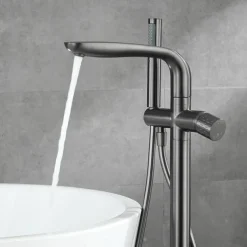 Bathtub Faucet Floor Mount Freestanding Tub Filler Brass High Flow Shower Faucets with Handheld Shower Mixer Taps Swivel Spout(Gun Grey/Brushed Golden)