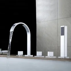 Bathtub Faucet Multi-hole Deck Mounted with Heldhand Showerhand, Bath Tub Filler Mixer Brass Taps 5 Hole 3 Handle Chrome
