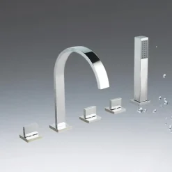 Bathtub Faucet Multi-hole Deck Mounted with Heldhand Showerhand, Bath Tub Filler Mixer Brass Taps 5 Hole 3 Handle Chrome