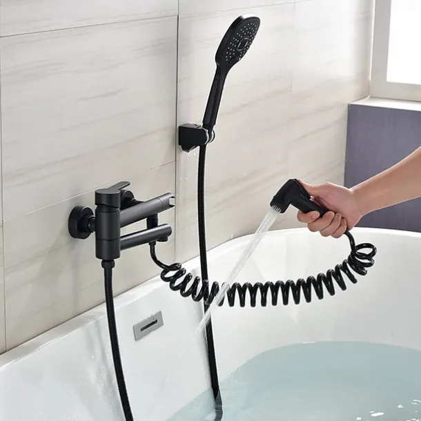 Bathtub Faucet Wall Mounted Black, 3 Spout Bathroom Faucet Bath Roman Tub Filler Mixer Tap Brass with 2 Sprayer Bidet Sprayer