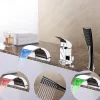 Bathtub Faucet Waterfall Spout LED 3 Color Water Flow with Heldhand Shower, Widespread Bath Roman Tub Filler Mixer Tap Bathroom 3 Hole Deck Mounted