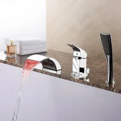 Bathtub Faucet Waterfall Spout LED 3 Color Water Flow with Heldhand Shower, Widespread Bath Roman Tub Filler Mixer Tap Bathroom 3 Hole Deck Mounted