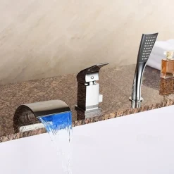 Bathtub Faucet Waterfall Spout LED 3 Color Water Flow with Heldhand Shower, Widespread Bath Roman Tub Filler Mixer Tap Bathroom 3 Hole Deck Mounted