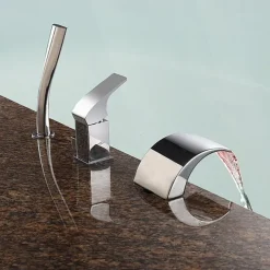 Bathtub Faucet Waterfall Spout LED 3 Color Water Flow with Heldhand Shower, Widespread Bath Roman Tub Filler Mixer Tap Bathroom 3 Hole Deck Mounted