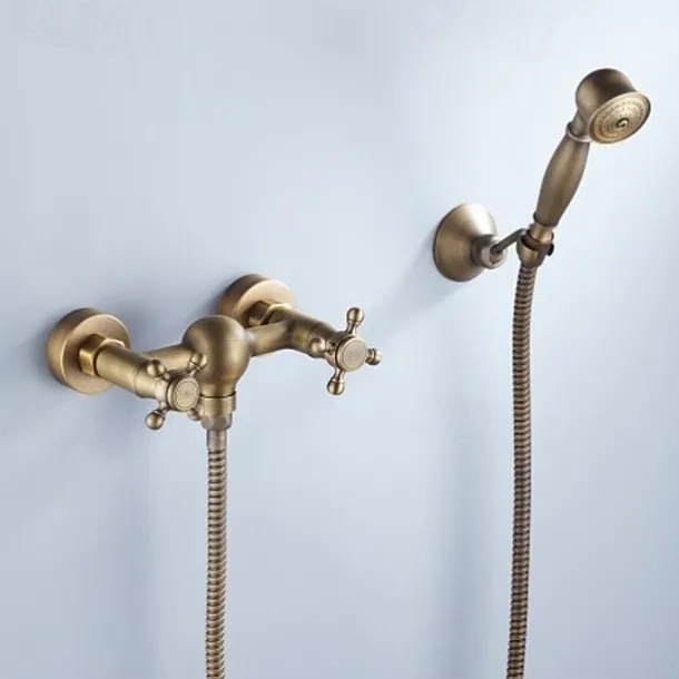 Bathtub Faucet with Handheld Shower,Wall Mounted Antique Brass Bath Tap Retro Style Hot and Cold Water Bath Tap Shower Fitting for Bathroom Shower