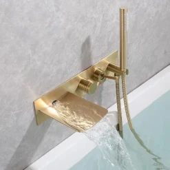 Bathtub Faucet,Brass Brushed Gold/Black Wall Installation Waterfall Included Handshower of Spray Type Bath Shower Mixer Taps with Hot and Cold Water