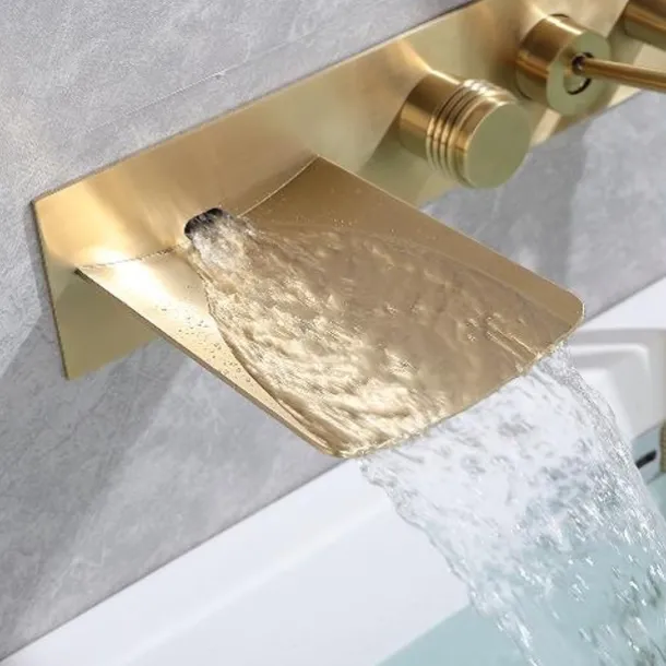 Bathtub Faucet,Brass Brushed Gold/Black Wall Installation Waterfall Included Handshower of Spray Type Bath Shower Mixer Taps with Hot and Cold Water