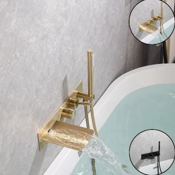 Bathtub Faucet,Brass Brushed Gold/Black Wall Installation Waterfall Included Handshower of Spray Type Bath Shower Mixer Taps with Hot and Cold Water