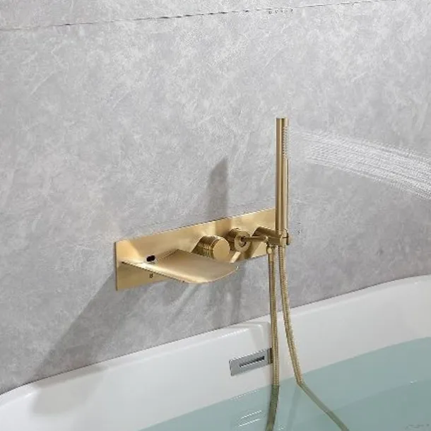 Bathtub Faucet,Brass Brushed Gold/Black Wall Installation Waterfall Included Handshower of Spray Type Bath Shower Mixer Taps with Hot and Cold Water