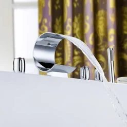 Bathtub Faucet,Modern Style Brass Contemporary Oil-rubbed Bronze Roman Tub Ceramic Valve Waterfall Bath Shower Mixer Taps with Hot and Cold Switch