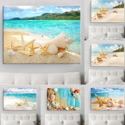 Beach Seascape Wall Art Canvas Painting Shell Sea Wall Art Starfish Seashells Wall Pictures Poster for Living Room Bedroom Office Decor No Frame