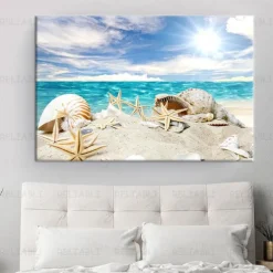 Beach Seascape Wall Art Canvas Painting Shell Sea Wall Art Starfish Seashells Wall Pictures Poster for Living Room Bedroom Office Decor No Frame