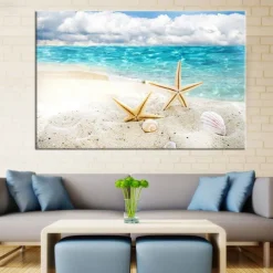 Beach Seascape Wall Art Canvas Painting Shell Sea Wall Art Starfish Seashells Wall Pictures Poster for Living Room Bedroom Office Decor No Frame