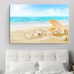 Beach Seascape Wall Art Canvas Painting Shell Sea Wall Art Starfish Seashells Wall Pictures Poster for Living Room Bedroom Office Decor No Frame