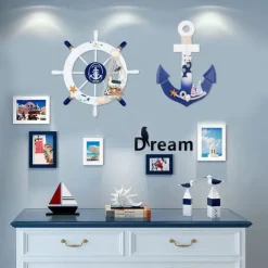 Beach Wooden Boat Ship Steering Wheel Wall Accent Wall Hanging Door Hanging Ornament Wall Decor Home Decoration 28*28CM