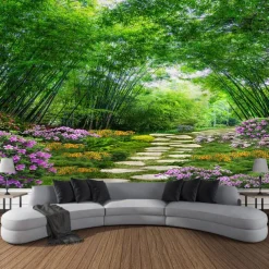 Beautiful Green Wall Tapestry Bamboo Wooden Bridge Plants Natural Scenery Art Decoration Carpet Curtain Hanging Home Bedroom Living Room Decoration