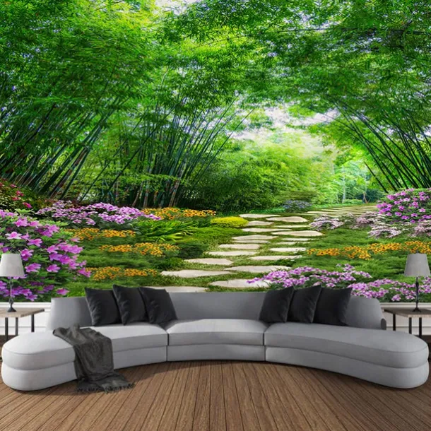 Beautiful Green Wall Tapestry Bamboo Wooden Bridge Plants Natural Scenery Art Decoration Carpet Curtain Hanging Home Bedroom Living Room Decoration