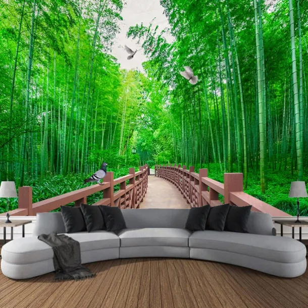 Beautiful Green Wall Tapestry Bamboo Wooden Bridge Plants Natural Scenery Art Decoration Carpet Curtain Hanging Home Bedroom Living Room Decoration