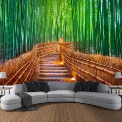 Beautiful Green Wall Tapestry Bamboo Wooden Bridge Plants Natural Scenery Art Decoration Carpet Curtain Hanging Home Bedroom Living Room Decoration