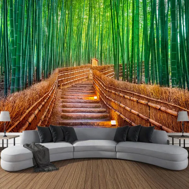 Beautiful Green Wall Tapestry Bamboo Wooden Bridge Plants Natural Scenery Art Decoration Carpet Curtain Hanging Home Bedroom Living Room Decoration